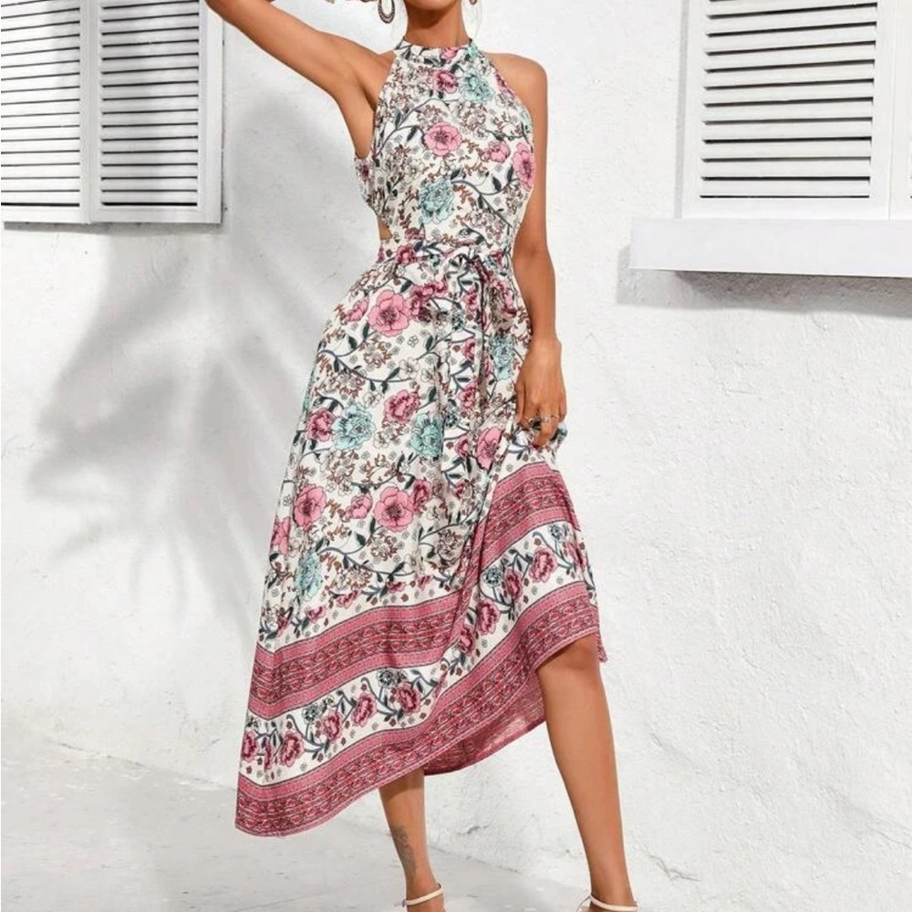 Flowery halter top open back summer dress